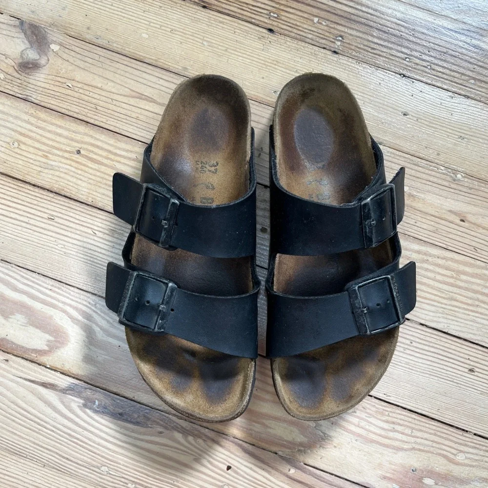 Birkenstock Arizona Black Leather Two Strap Sandals Slides boho 37 L6 neutral - Picture 5 of 9